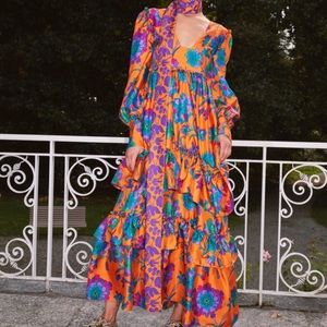 La DoubleJ Orange Tiered Floral Dress